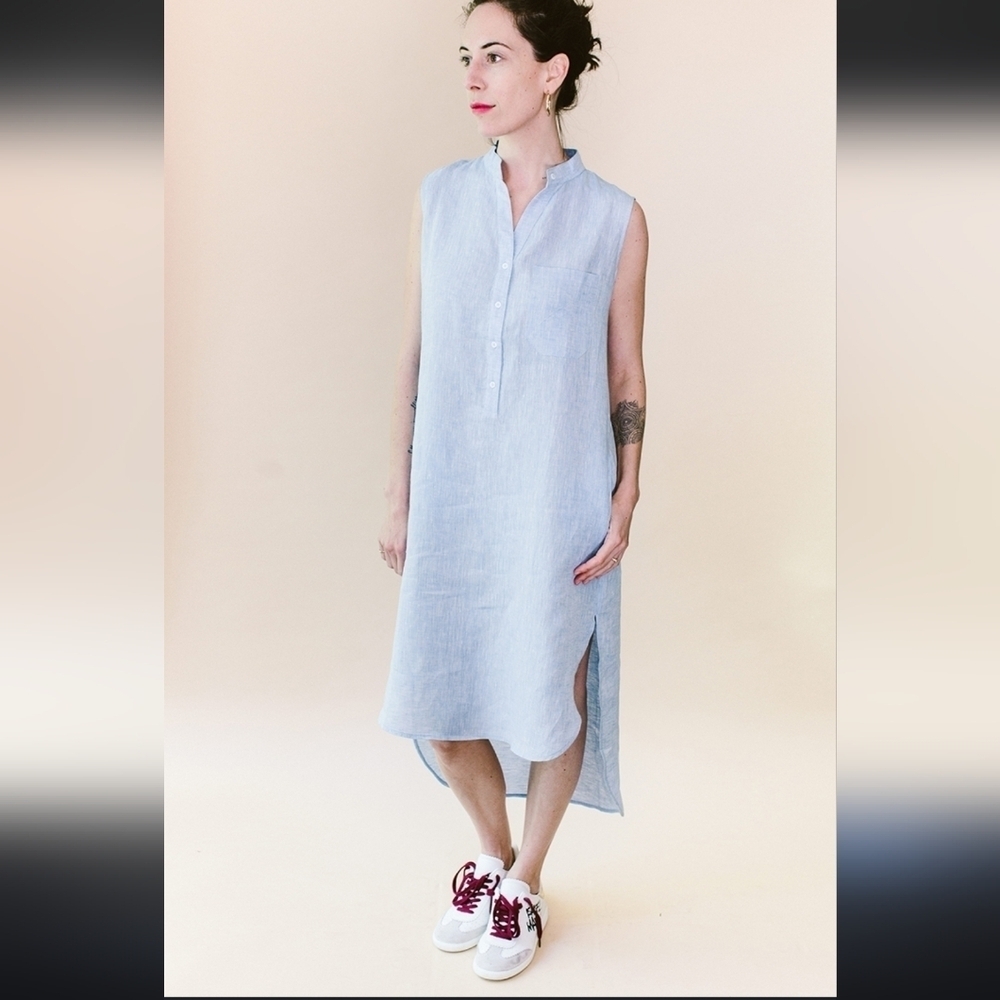 NWT! Harshman,Attwell Linen Button -Down Dress,Light Blue Micro Stripe, Size XS